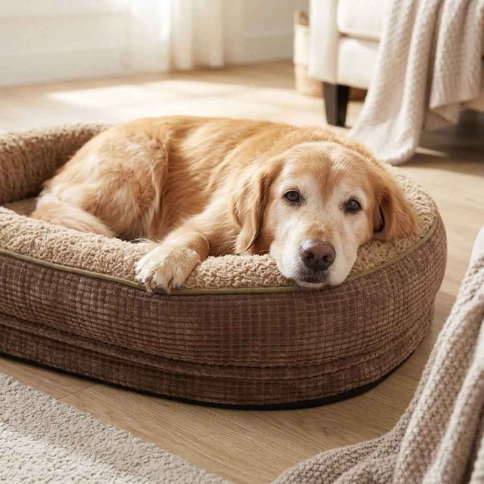 Dog bed for older dogs: grey-muzzled golden retriever resting its chin on the Borrowdale memory foam bed