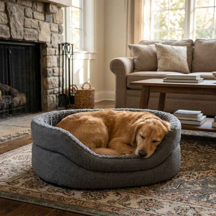 Donut and nest dog bed: golden retriever curled up in the grey Rydal high-sided nest by a fireplace