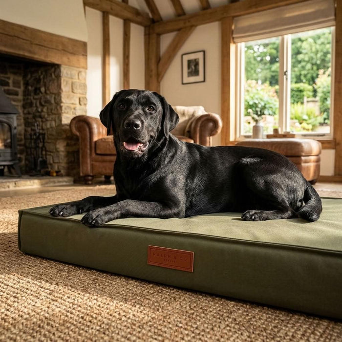 Waterproof dog bed: black Labrador lying on the olive Wasdale waterproof dog mattress in a cottage room