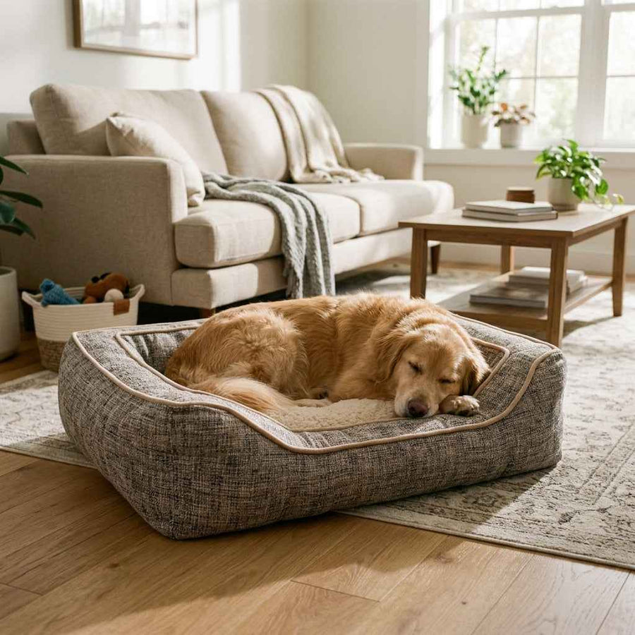Reversible square fabric dog bed with plush interior, dog resting inside.