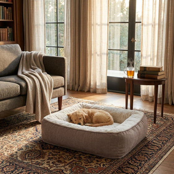 Taupe memory foam dog bed with low profile, placed on patterned rug