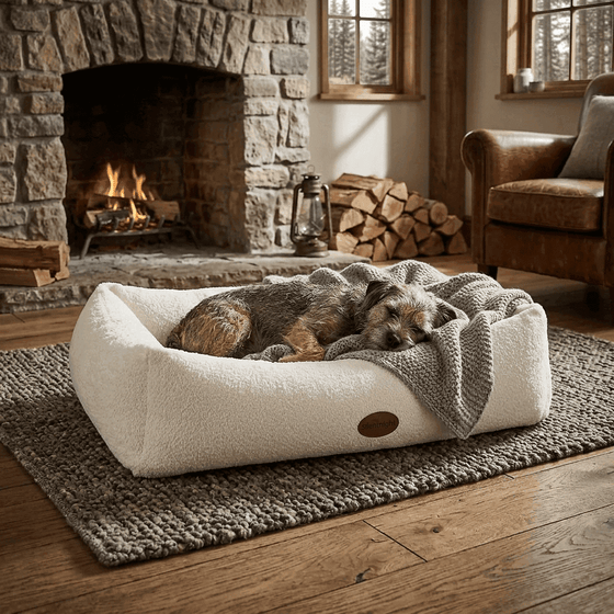 Cream boucle nest dog bed with raised rim - PawLunova Blea Tarn