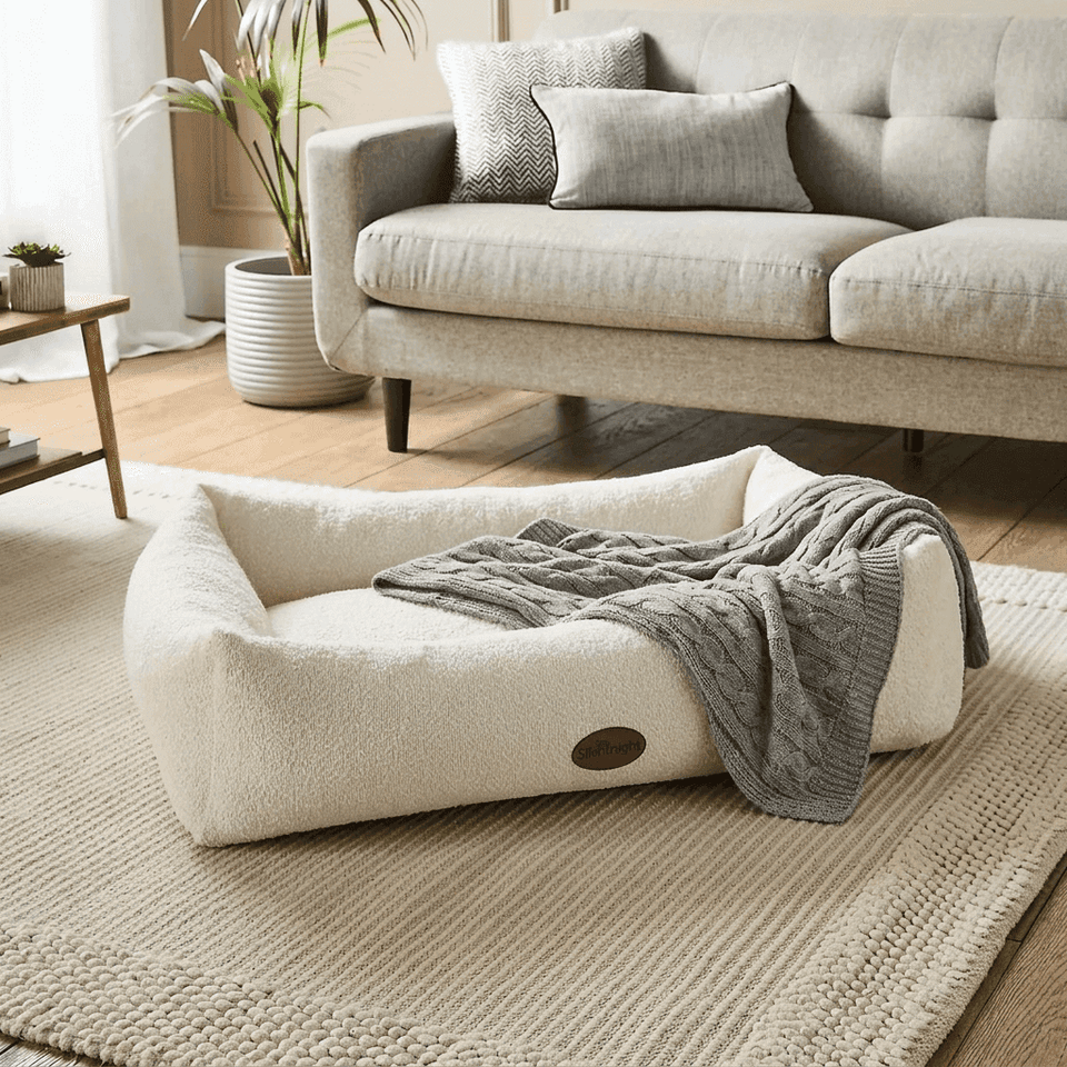 Cream boucle nest dog bed with raised rim - PawLunova Blea Tarn