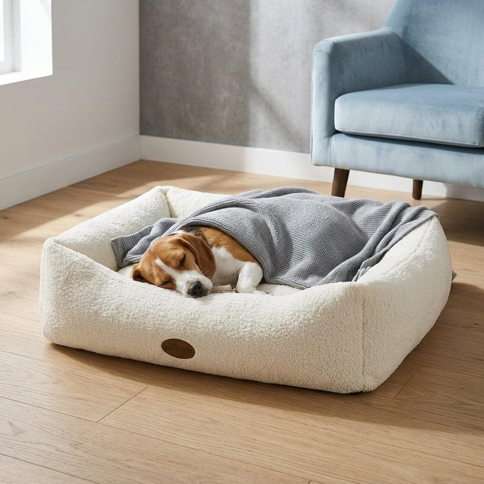 Cream boucle nest dog bed with raised rim - PawLunova Blea Tarn