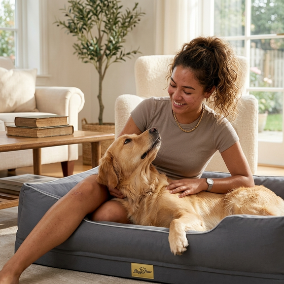 Gray bolster dog sofa bed with dog seated inside while a person kneels nearby