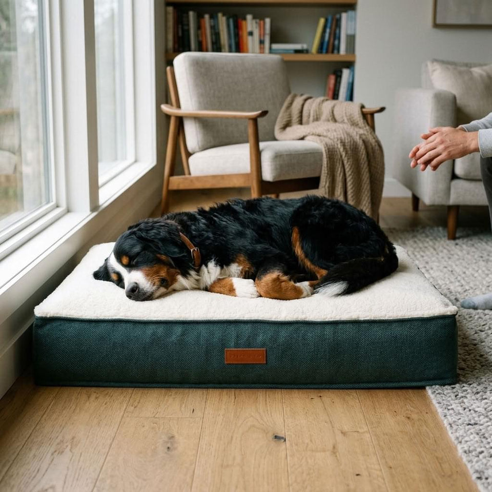 Sherpa pillow dog bed mattress in green stonewashed fabric with leather handles - PawLunova Seathwaite