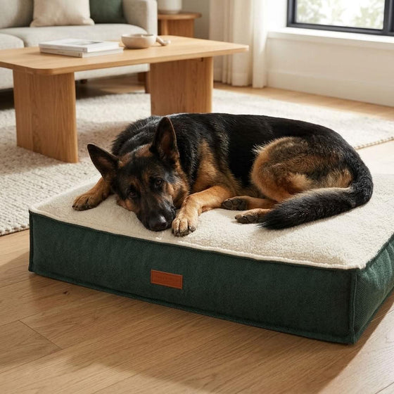 Sherpa pillow dog bed mattress in green stonewashed fabric with leather handles - PawLunova Seathwaite