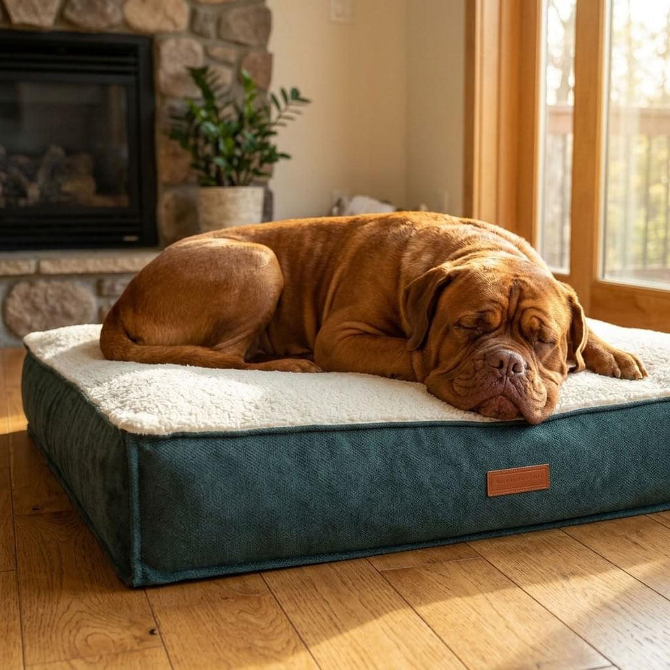 Sherpa pillow dog bed mattress in green stonewashed fabric with leather handles - PawLunova Seathwaite