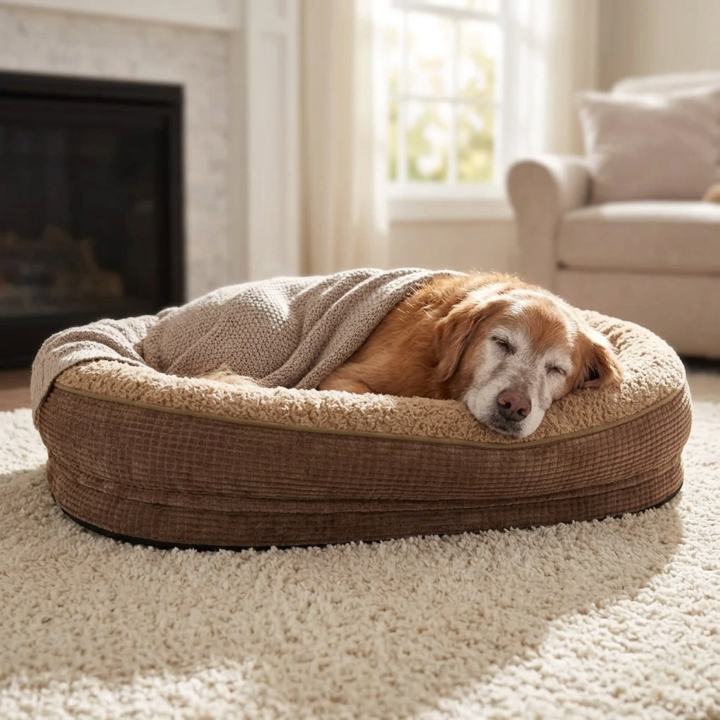 Round four-sided bolster dog bed in dark brown with beige cushion, tan dog sleeping.