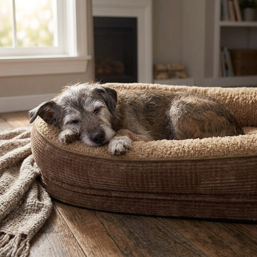 Round four-sided bolster dog bed with dark brown base and beige top, gray dog resting.