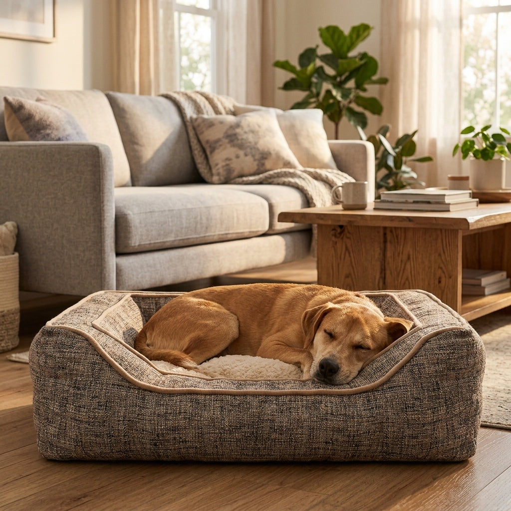 Square reversible fabric dog bed with cushioned inner liner, dog resting near edge.