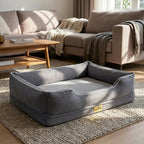 Bolster dog sofa bed with gray padded sides and rectangular cushion