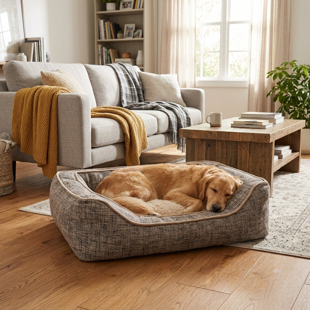 Square reversible fabric dog bed with plush interior, dog lying in the center.