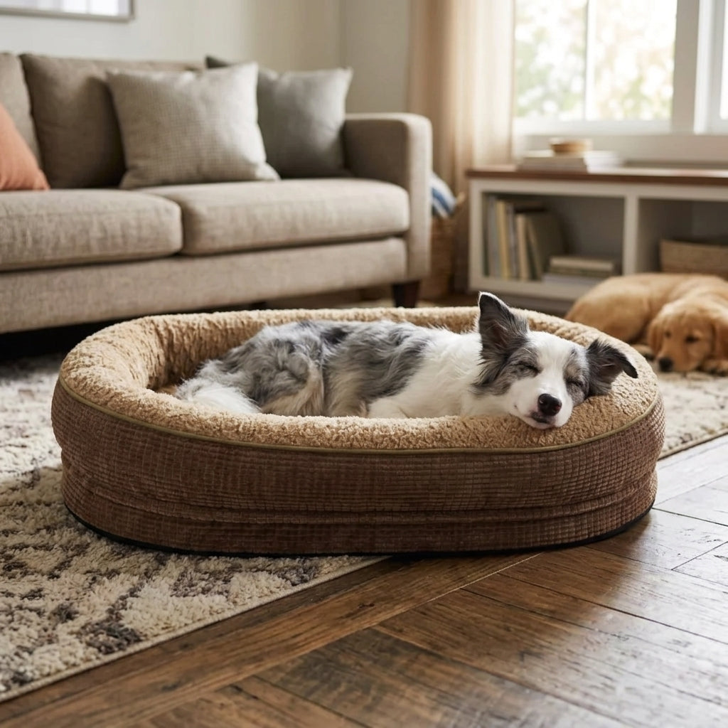 Round four-sided bolster dog bed in dark brown with beige rim, gray dog resting inside.