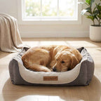 Gray and beige dog bed with bolstered sides; golden retriever sleeping inside