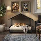 Rattan dog house with canopy roof and plush pet cushion, dark textured woven design