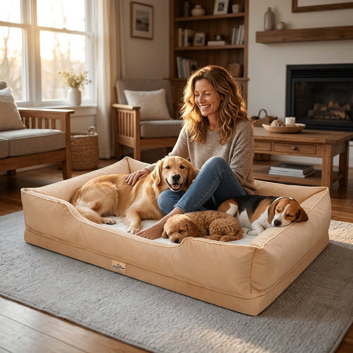 Waterproof crate bed in tan with padded sides, woman and three dogs lounging