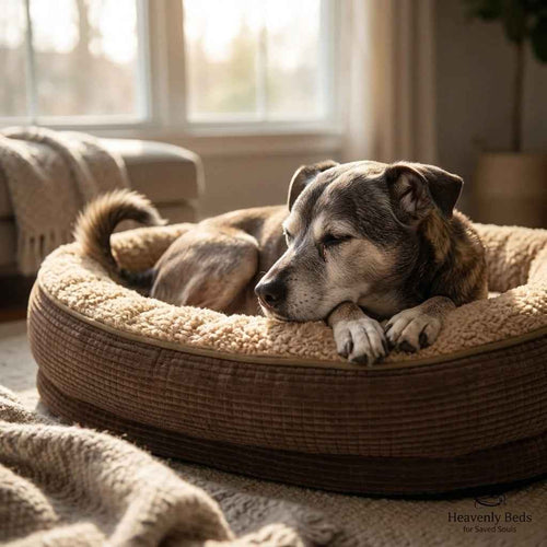 Round four-sided bolster dog bed with beige top and dark brown sides, black dog lying.