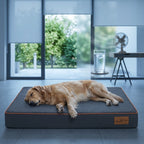 Orthopaedic memory foam dog mattress, blue-gray top and dark sides with orange edge trim