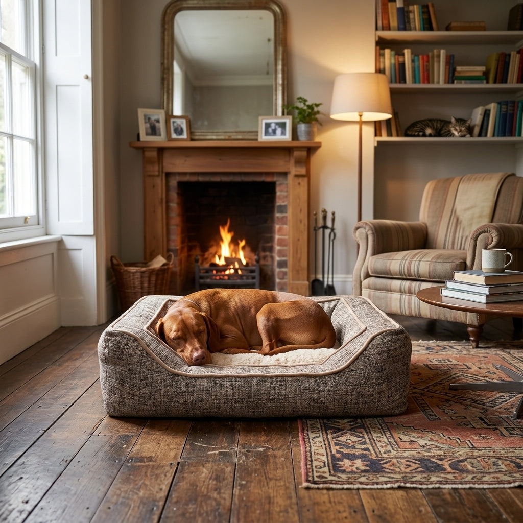 Reversible square fabric dog bed with plush insert and trim edge, dog sleeping.