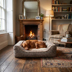 Reversible square fabric dog bed with plush insert and trim edge, dog sleeping.