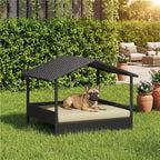 Elevated outdoor dog day bed with sun canopy and beige cushion; dog lying inside