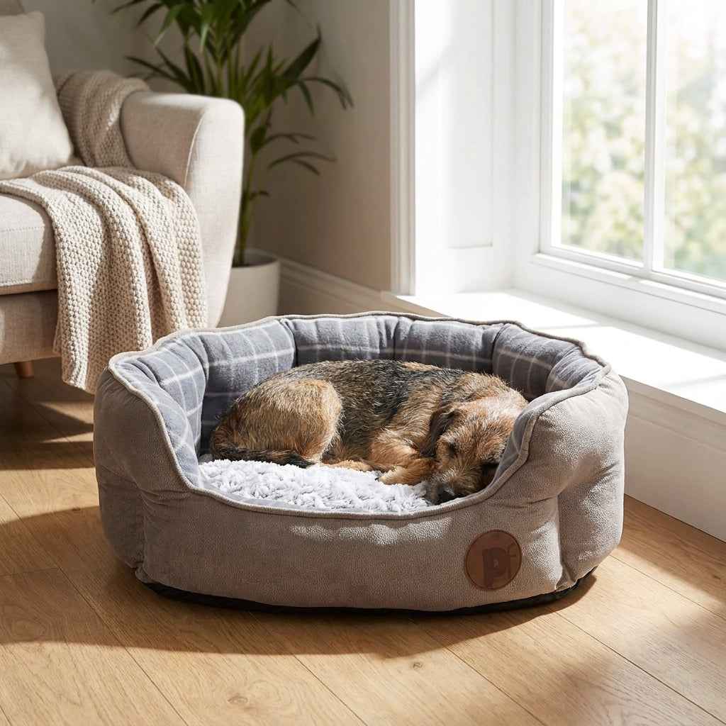 Round taupe dog bed with gray plaid bedding and built-in raised rim