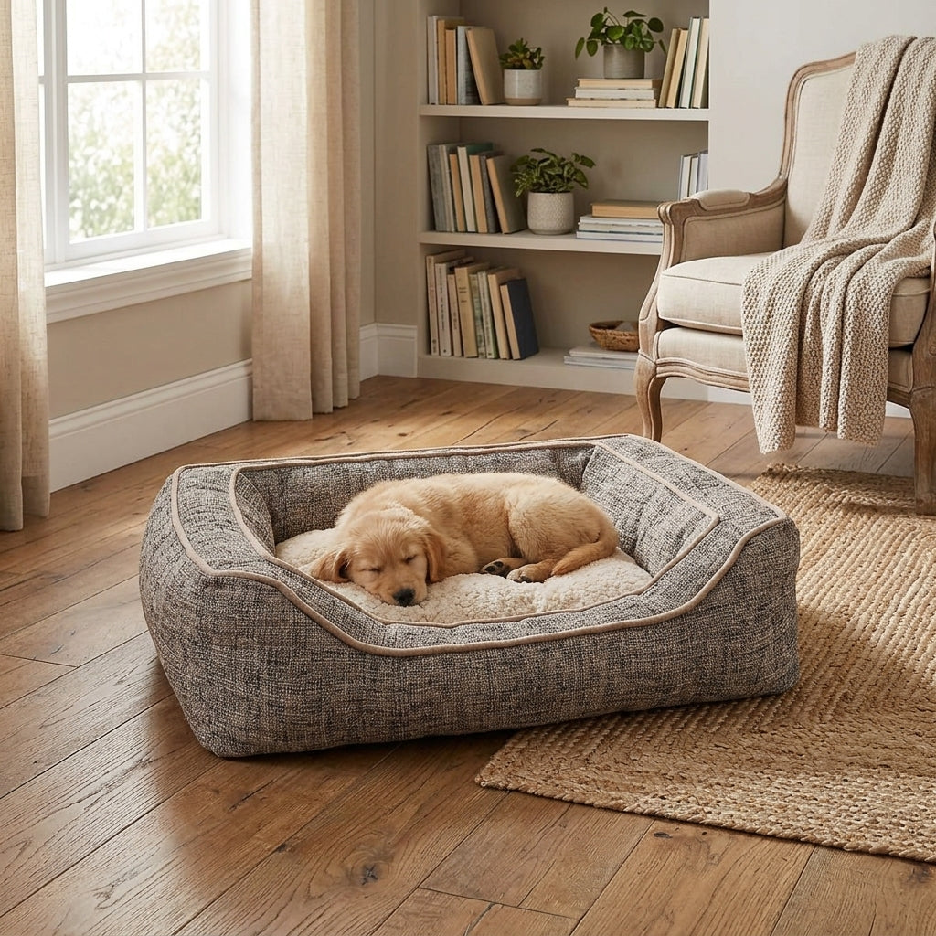 Square reversible fabric dog bed with border trim and cushioned base, dog curled up.