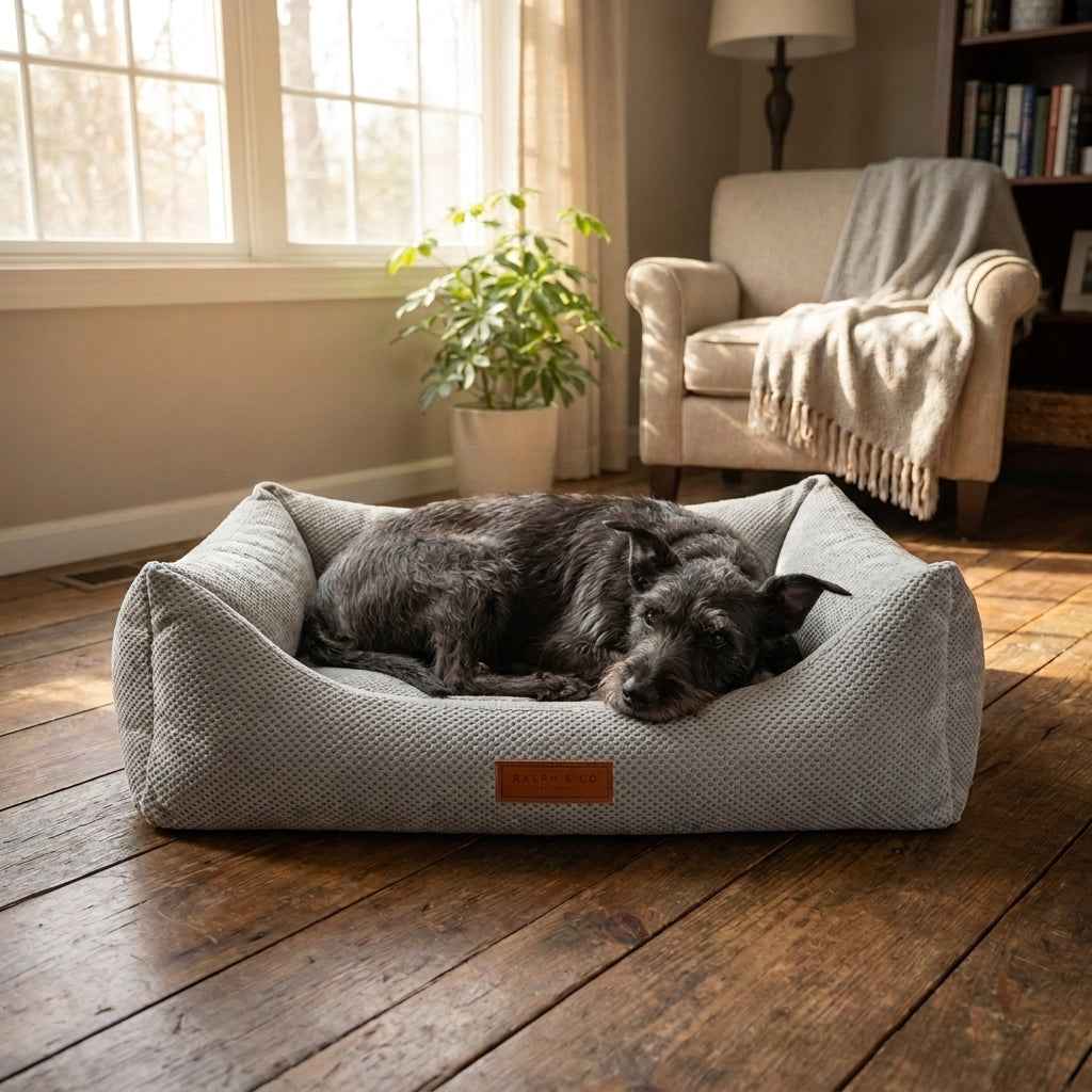 Plush pet bed with dark-gray inner cushion and light-gray textured sides