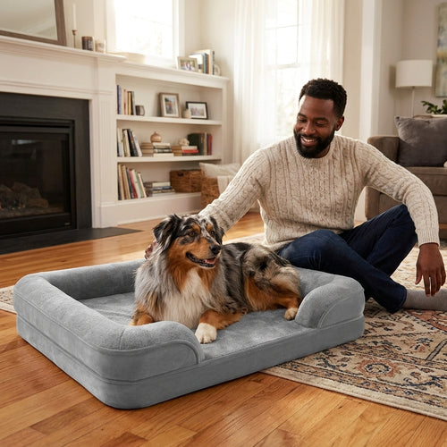 Gray raised-edge orthopaedic pet bed with bolstered sides, dog resting beside person.