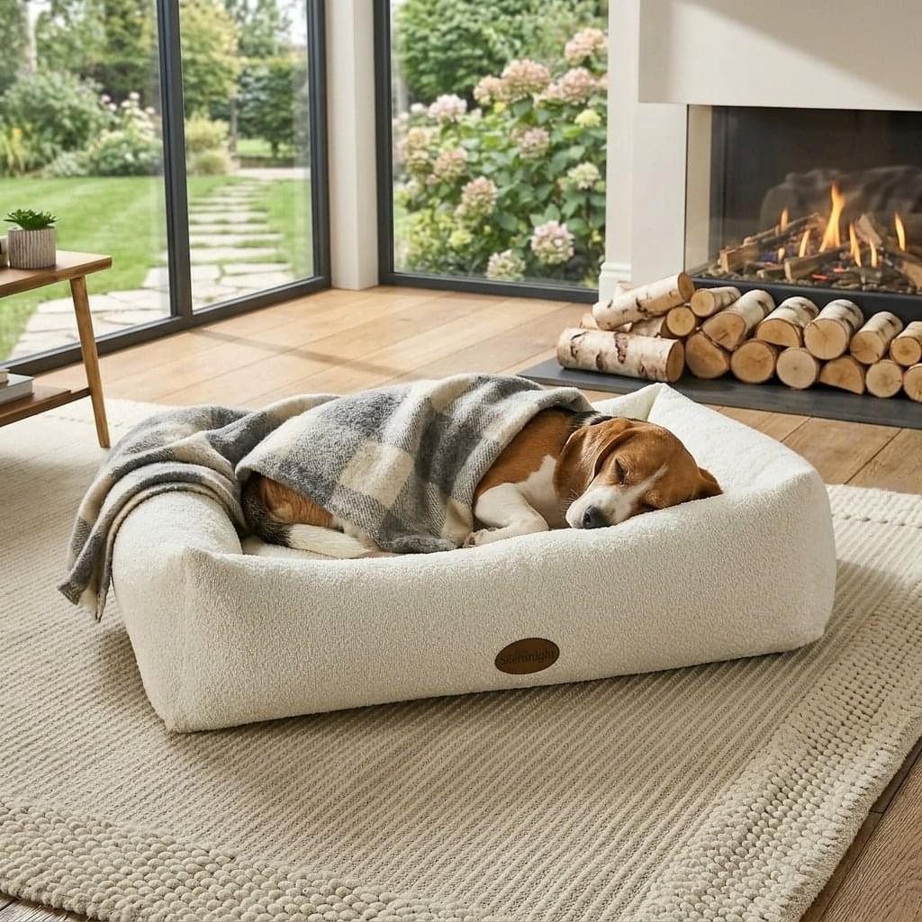 Cream boucle nest dog bed with raised rim - PawLunova Blea Tarn