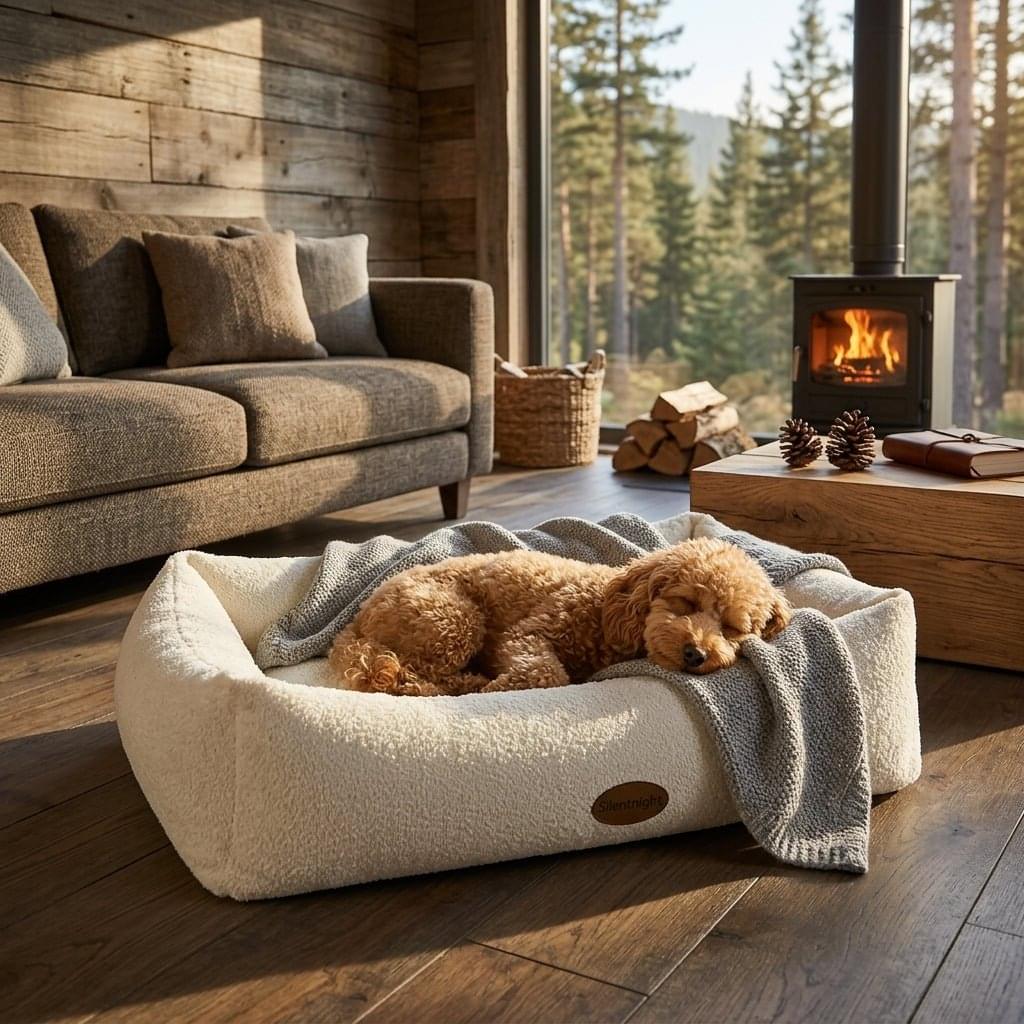 Cream boucle nest dog bed with raised rim - PawLunova Blea Tarn