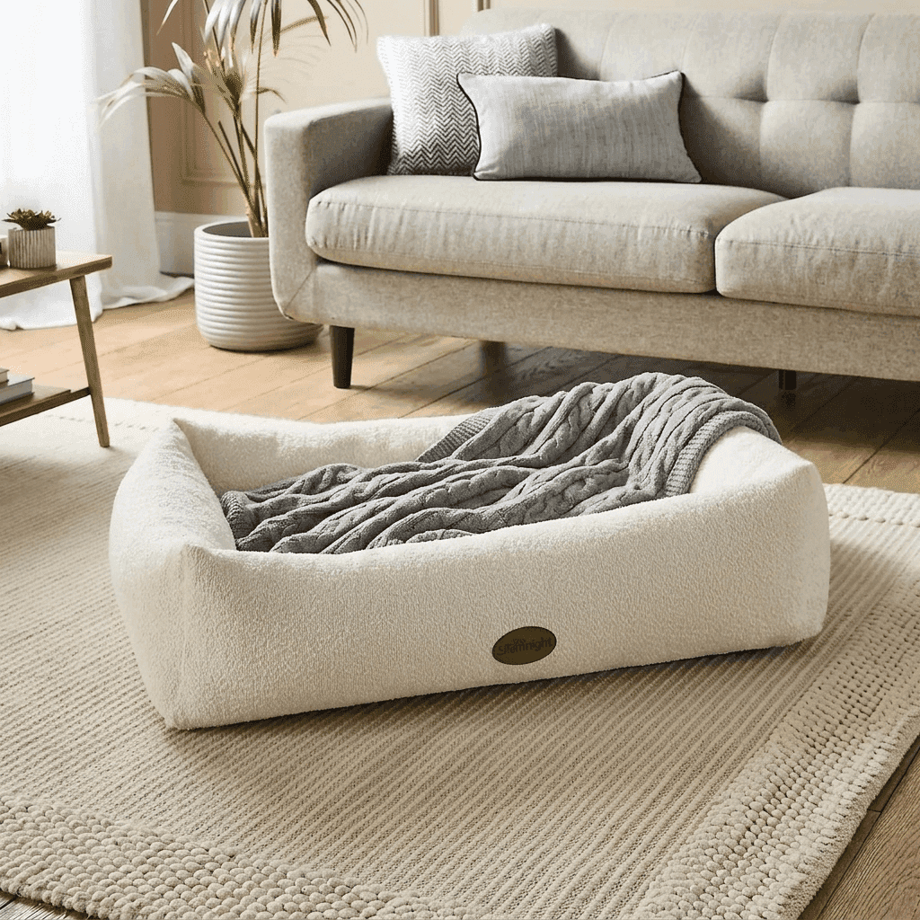 Cream boucle nest dog bed with raised rim - PawLunova Blea Tarn