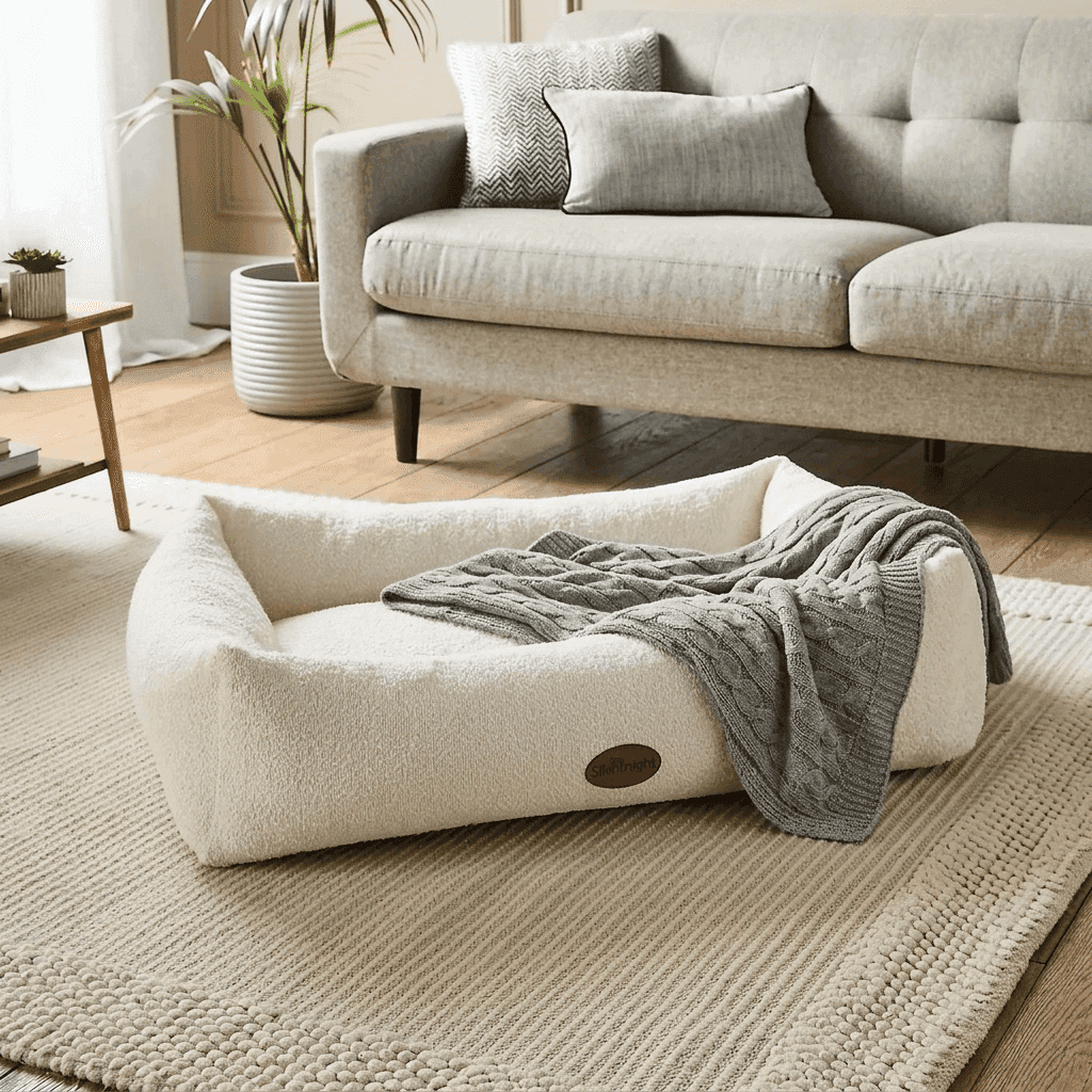 Cream boucle nest dog bed with raised rim - PawLunova Blea Tarn