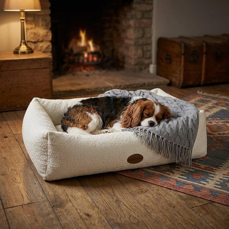 Cream boucle nest dog bed with raised rim - PawLunova Blea Tarn