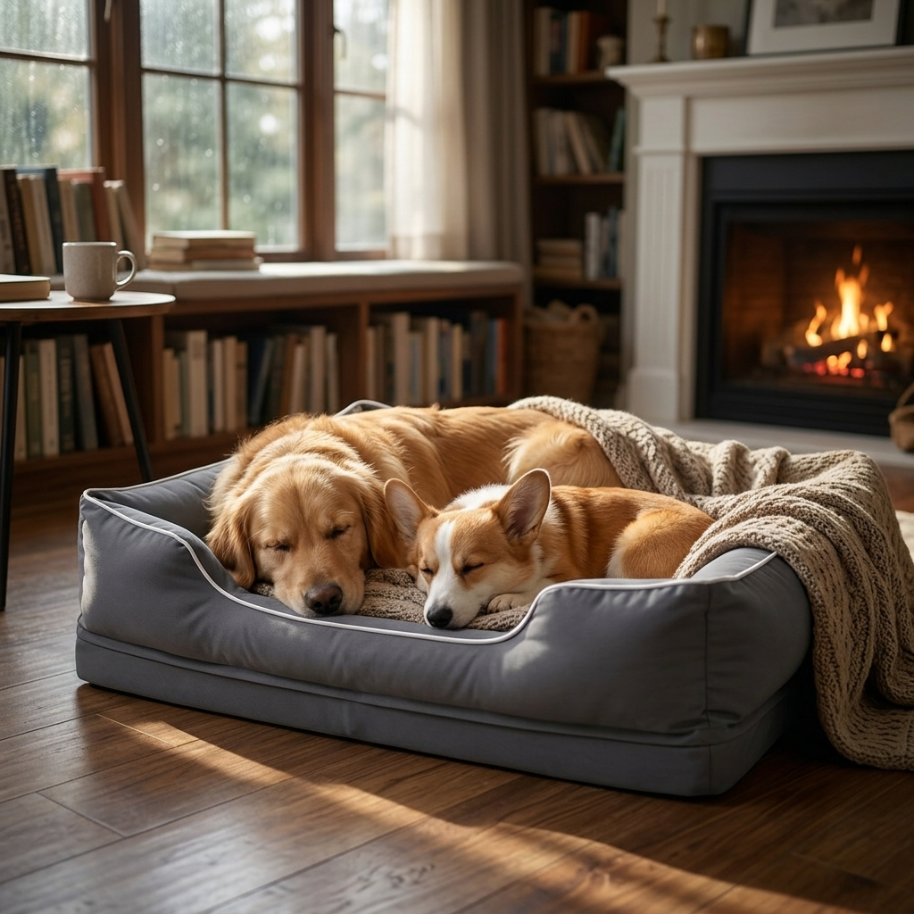 Gray bolster dog sofa bed with raised sides and knitted throw, two dogs resting.