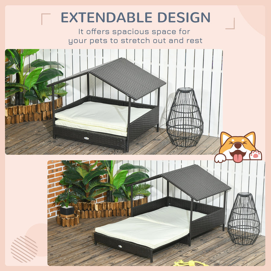 Extendable Elevated Dog Bed, Rattan Dog House, with Water-Resistant Roof, Removable Cushion, Cream