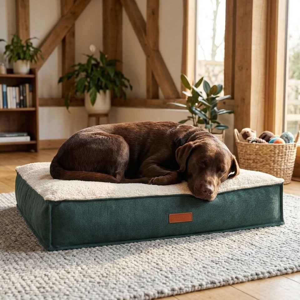 Sherpa pillow dog bed mattress in green stonewashed fabric with leather handles - PawLunova Seathwaite