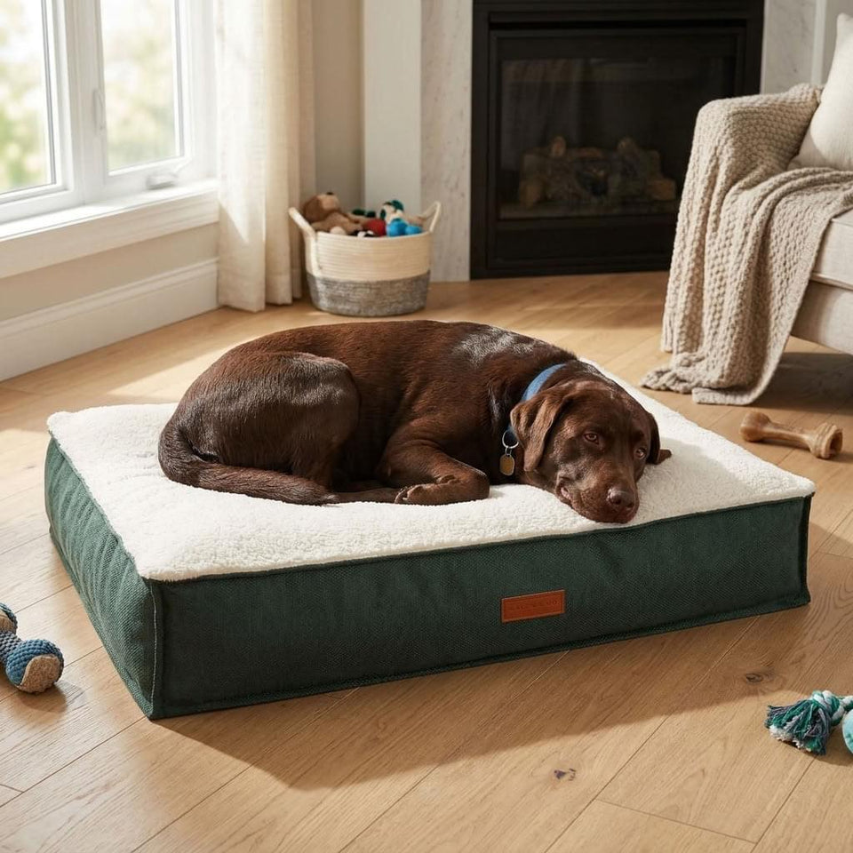 Sherpa pillow dog bed mattress in green stonewashed fabric with leather handles - PawLunova Seathwaite