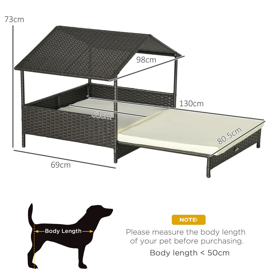 Extendable Elevated Dog Bed, Rattan Dog House, with Water-Resistant Roof, Removable Cushion, Cream